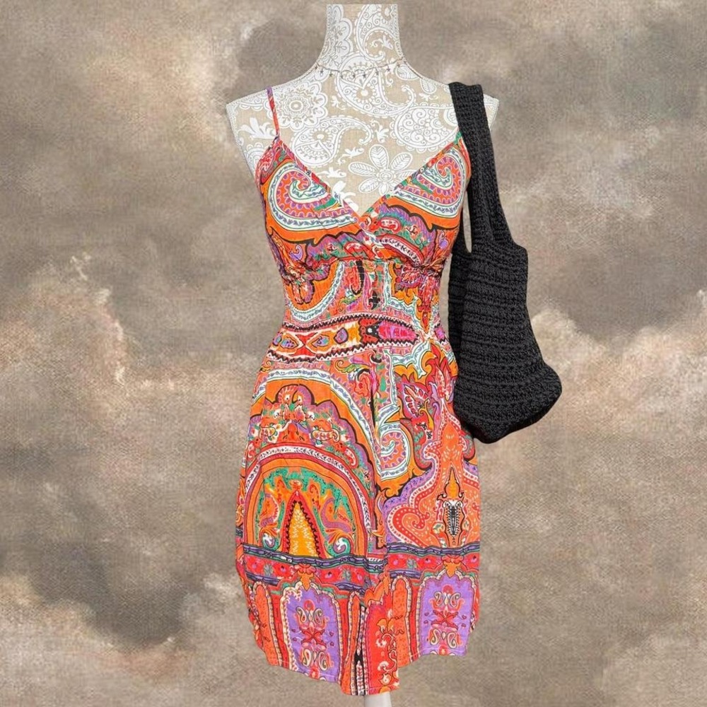 She's Cool Boho Paisley Print Sundress Bright Multicolor Festival Y2K Size S